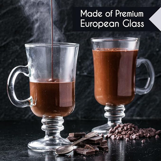 Volarium Irish Coffee Glass Mugs, Latte Cups, Set of 2 Cappuccino and Hot Chocolate Mugs with Handle, Clear Glass Cups for Hot Beverages, 7 3/4 oz