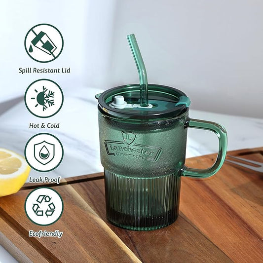 Joeyan Glass Coffee Cup Tumbler with Handle Lid and Straw, Smoothie Iced Coffee Tea Glasses Mug, Green Colored Drinking Jar for Water Juice Beverages Soda Milk, 15oz, Set of 2, Dishwasher Safe