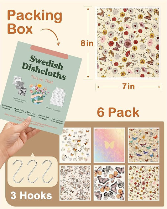 Kitchen Swedish Dishcloths with Hooks - 6 Pack Reusable Dish Cloths for Washing Dishes Fast Drying Cute Fun Swedish Dish Towels Washable Cleaning Sponge, Plant Butterfly