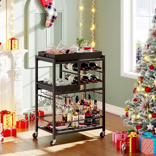 TUTOTAK Bar Cart, Home Bar Serving Cart, 3-Tier Kitchen Cart on Wheels, Rolling Beverage Cart with Wine Rack and Glass Holder, Black BC01BK037