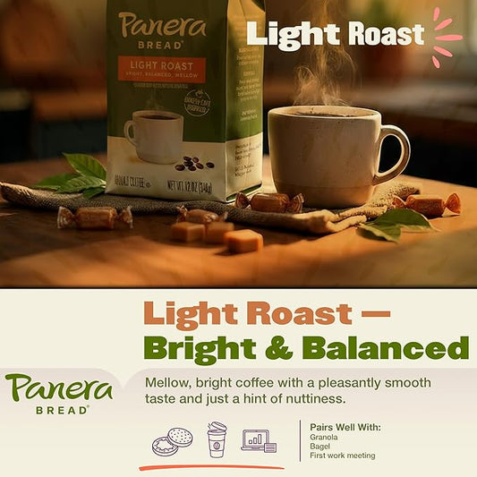 Panera Light Roast Ground Coffee, 100% Arabica, Sustainably Sourced – Smooth, Bright & Balanced Flavor – Clean Label, No Artificial Ingredients – Kosher, Gluten-Free 12oz Bag