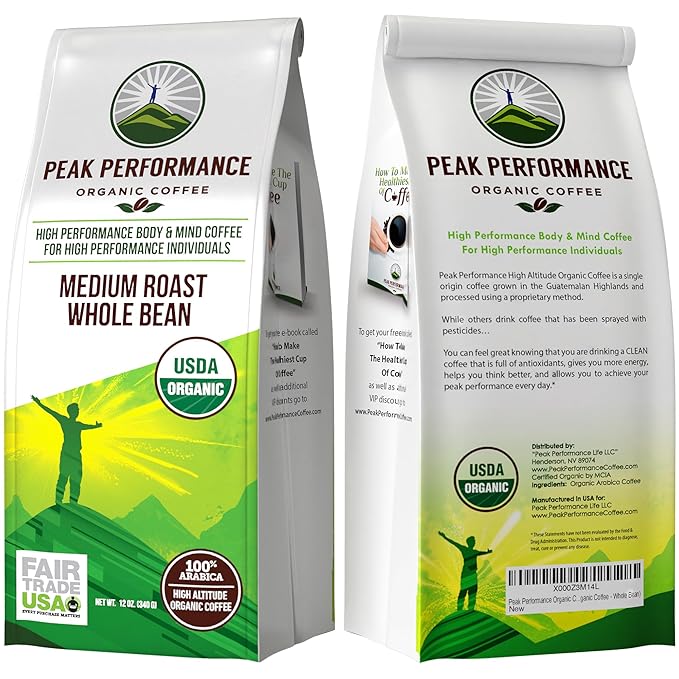 Peak Performance High Altitude Organic Coffee - Fair Trade, Low Acid, Non GMO, and Beans Full of Antioxidants - Medium Roast Smooth Tasting USDA Certified Organic Whole Bean Coffee Bag 12 oz
