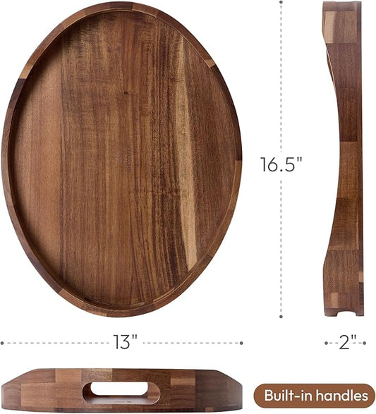 Acacia Wood Serving Tray with Handles - 17'' x 13'' Round, Decorative Ottoman Trays for Breakfast, Home Decor, Tea Party, Coffee Table, Candle Display, Kitchen Counter Board