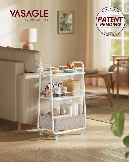 VASAGLE LILEA Collection - Storage Cart with Fabric Basket, 3-Tier Rolling Utility Cart with Wheels and Shelves, for Living Room Bedroom Kitchen, Cloud White and Camel Brown ULRC001WB01