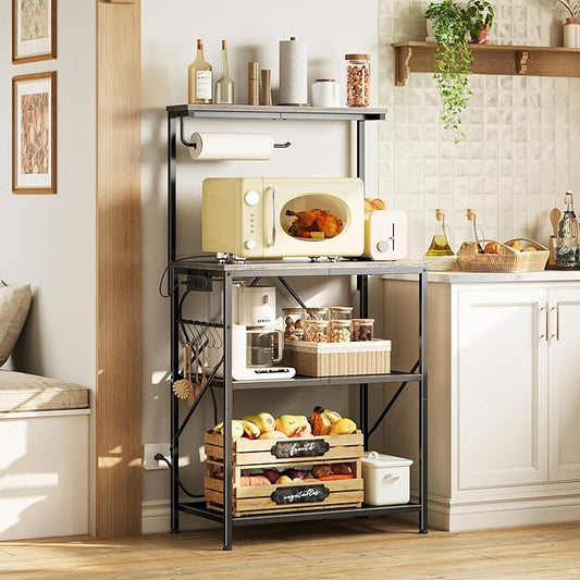 Huuger 4-Tier Bakers Rack with Reversible Power Outlet, 23.6 Inch Microwave Stand, Kitchen Coffee Bar, with Top Shelf, 6 S Hooks, Oak