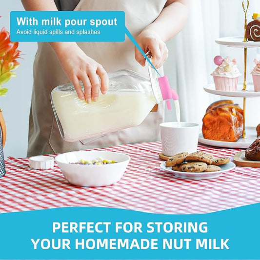 4 Pack 1/2 Gal Glass Milk Bottle with Airtight Lid & 2 Pour Spouts - 64 Oz Heavy Duty Glass Milk Jug, Water Pitchers with 8 Handles and 2 Exact Scale Lines for Juice Breast/Almond/Nut/Oat Milk Sun Tea