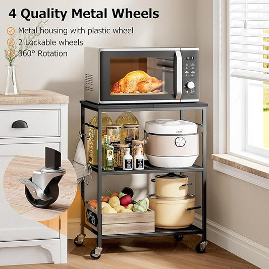 3-Tier Rolling Kitchen Microwave Cart, Kitchen Utility Cart on Lockable Wheels, Coffee Bar Table Station with 6 S-Shaped Hooks, Small Appliance Storage Shelf, Black