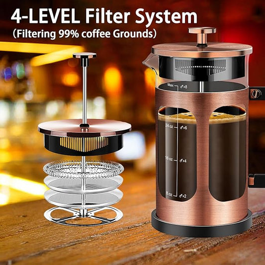 YMMIND French Press Coffee Maker (34oz 1Quart 5-6Cup) Coffee Press, with 4 Filters System, Heat Resistant Thickness Borosilicate Glass, Cold Brew Coffee Tea Pot Gifts (Copper)