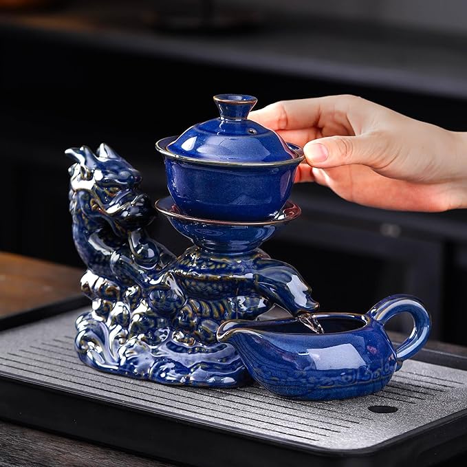 Semi Automatic Tea Set Ceramic Teapot with Infuser Magic Teapot with 8 cups (Dark Blue Dragon-B)
