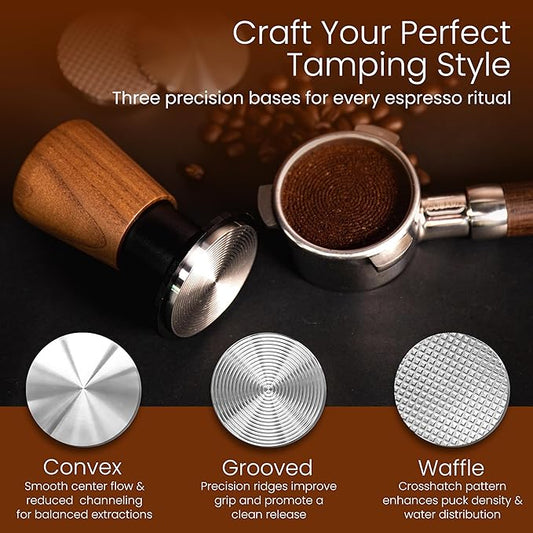 Calibrated Espresso Tamper with 30lb Click Feedback – 3 Interchangeable Bases for Custom Tamping (Convex, Grooved, Waffle) – Ergonomic Handle – Fits 54mm Breville-Compatible Portafilters