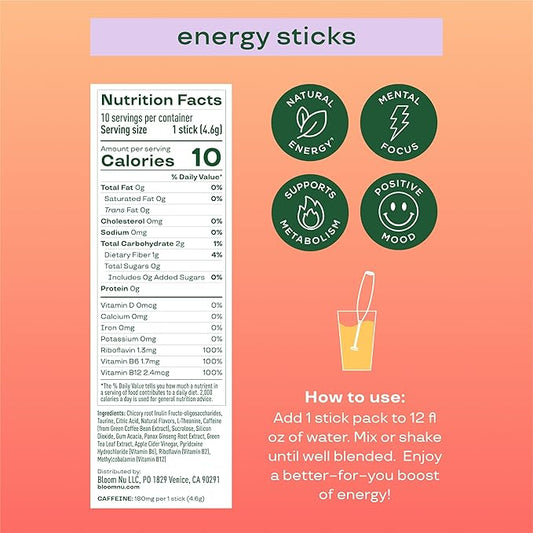 Bloom Nutrition Energy Drink Powder Packets, Sugar Free Energy Drink Mix with L-Theanine, B Vitamins & Natural Caffeine, On the Go Powder Sticks for Natural Energy, 10 Calories (10 Pouches (Pack of 1), Peach Mango)