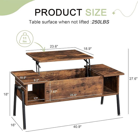 VECELO Wood Lift Top Coffee Table with Hidden Compartment and Storage Shelf for Living Room/Office Reception, Rising Tabletop, Brown