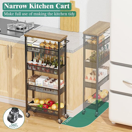 Giwil Slim Storage Cart 5 Tier Narrow Kitchen Rolling Cart on Wheels for Small Space, Metal Utility Cart Narrow Bathroom Storage Cabinet Mobile Shelf Unit Organizer with Wood Top and Handle, Black