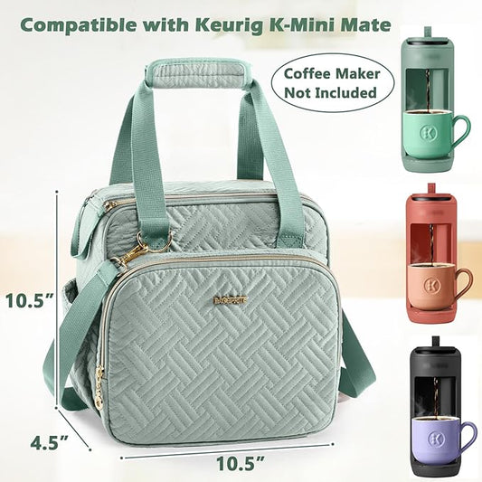 BAGSPRITE Coffee Maker Travel Bag Compatible with Keurig K-Mini Mate, Full Open Carrying Case with Quilted Padded Soft Microfiber, K--Cup Single Serve Coffee Maker Bag with Pod Organizer, Mug Pockets
