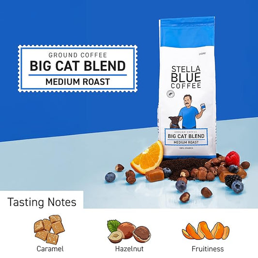Stella Blue Ground Coffee, Big Cat Blend, Medium Roast, Fresh Coffee Ground 100% Arabica, Smooth Balanced Roast with Distinct Flavor Notes, Ethically Sourced Coffee Beans, 12 oz Bag
