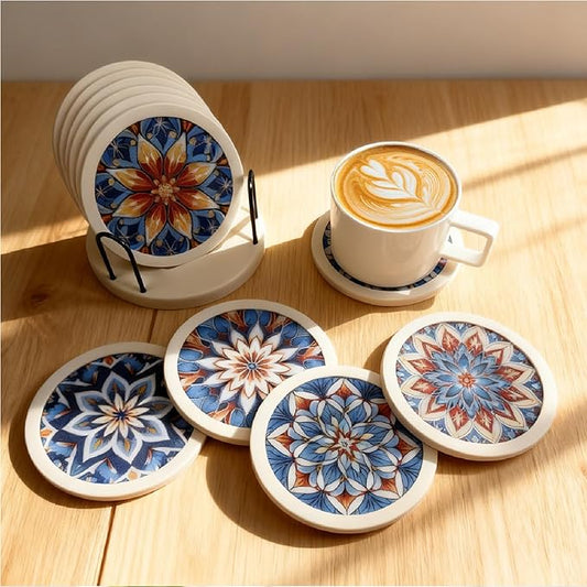 Indigo Floral Non-Slip Silicone Coasters, 4-Pack Double-Sided Absorbent Cup Mats for Hot & Cold Drinks, Scratch & Water Ring Protection for Wood Tables, Home Office Bar Use (6PC Wanda La)