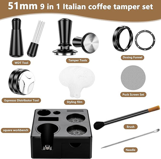 9 Pack Espresso Accessories Kit(Square),51mm Espresso Tool Kit | Espresso Tamping Station | Coffee Distributor Tamper | WDT Tool | Dosing Funnel | Mother's Day Gift for Espresso Lovers