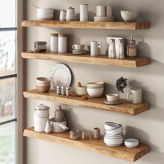 Live Edge Elm Floating Shelves for Wall Decor, Rustic Solid Wood Shevles Wall Mounted with Invisible Bracket for Living Room Bathroom Bedroom Kitchen, 55 Inch Set of 1, Natural