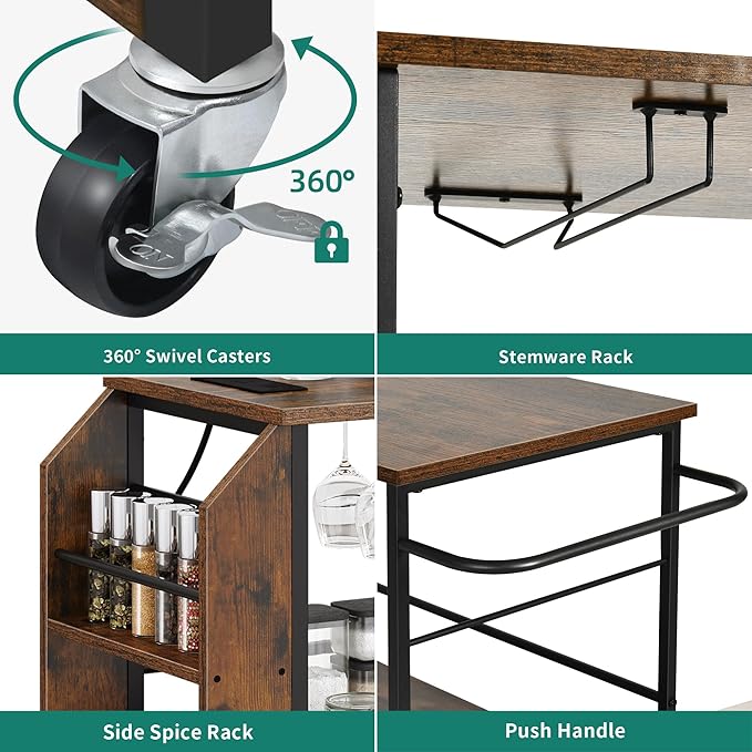 YITAHOME Kitchen Island Cart with Power Outlet, 36 Inch Mobile Kitchen Cart with Open Shelves, Rolling Portable Serving Utility Carts on Wheels with Storage for Kitchen, Dining Room, Brown