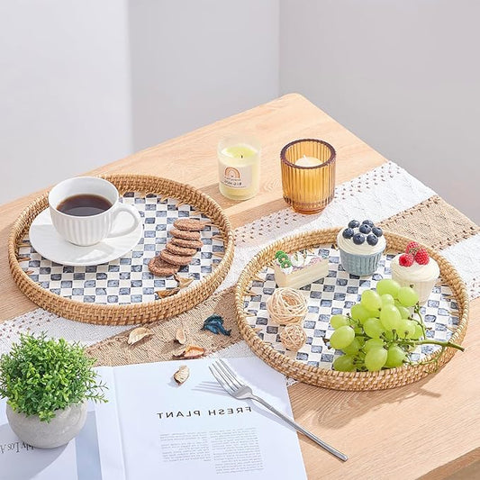 Round Rattan Tray with Mother of Pearl Inlay, Rattan Serving Tray with Wooden Base, Decorative Wicker Basket for Table Decor, Storage and Display of Coffee Bread Food Fruit (Checkerboard 11.8")