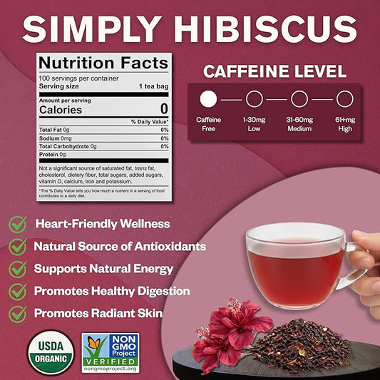 FGO Organic Hibiscus Tea, 100 Count, Eco-Conscious Tea Bags, Caffeine Free, Packaging May Vary (Pack of 1)