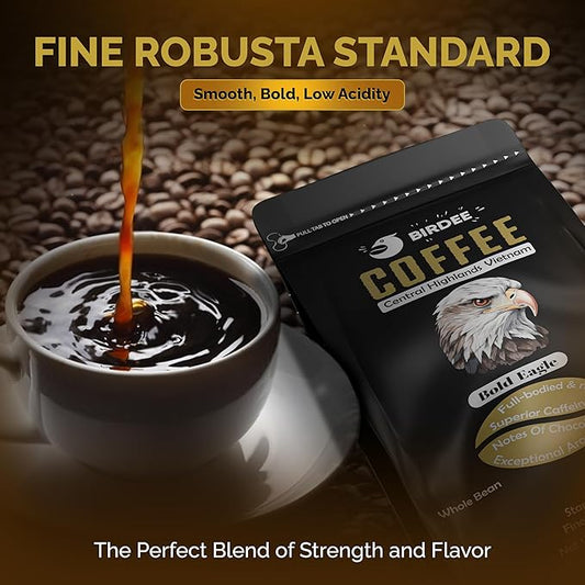 Birdee Robusta Coffee Beans - 16 oz, Medium Roast, Intense Bold Flavor, Hand Picked, Whole Bean for Fresh Grind, Vietnam Origin, Ideal for Espresso & Phin Filter, Meets Fine Robusta Standard