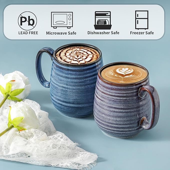 HASENSE Ceramic Coffee Mug Set, 20 Oz Tea Cups for Women and Men, Premium Large Latte Mugs with Handle, Gift Cup with Coaster & Gold Spoon for Couples, Blue & Purple