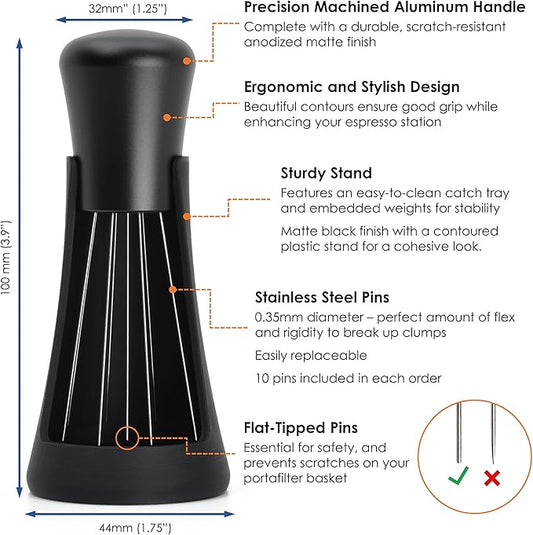 ARO Espresso™ WDT Tool and Self-Aligning Stand | Includes 10x, Flat-Tipped, 0.35mm Diameter, Stainless Steel Pins