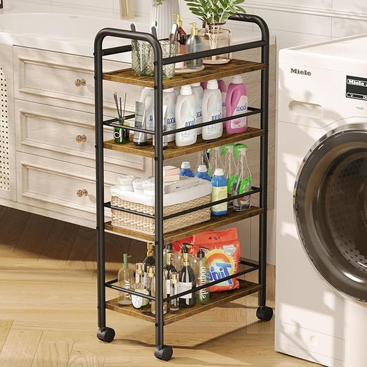 Slim Storage Cart, 4-Tier Small Rolling Cart with Wheels, 9.1" Deep, Narrow Bathroom Shelf Trolley for Kitchen, Bathroom, Laundry Room, Rustic Brown Large 4-Tier (9.1" W x 33.6" H)