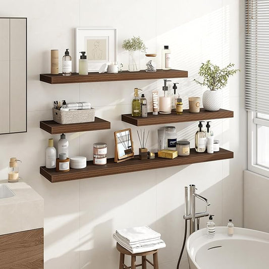 72 Inch Floating Shelves, 3D Textured Wood Grain, 72"x9.25"x1.5" Inch Deep Floating Shelves for Wall, Wooden Shelves for Bathroom, Bedroom, Living Room, Walnut, 1 Piece