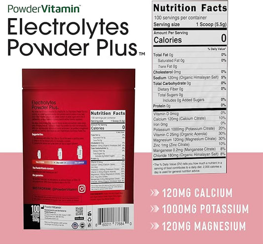 PowderVitamin Electrolytes Powder Plus (100 Servings) Hibiscus Electrolyte Powder Zero Calorie Keto,0 Sugar, No Maltodextrin,1000mg Potassium,120mg Calcium,120mg Magnesium, Hydration Powder