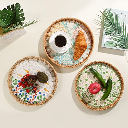 Round Rattan Tray with Mother of Pearl Inlay, Decorative Wicker Serving Tray with Wooden Base, Woven Basket Trays for Bread Fruits Coffee, Peony