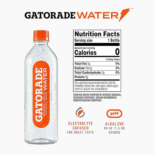 Gatorade Water, Unflavored, Electrolyte infused for great taste, Alkaline PH 7.5 or higher, 20 Fl Oz (Pack of 12)