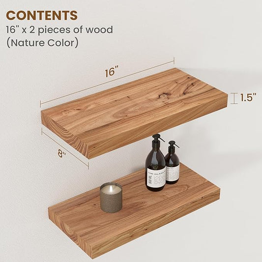 Floating Shelves for Wall Decor, 8" Deep Rustic Solid Elm Wood Floating Shelves Wall Mounted, Wall Shelves with Invisible Bracket for Living Room Bathroom Bedroom Kitchen, 16 Inch Set of 2, Natural