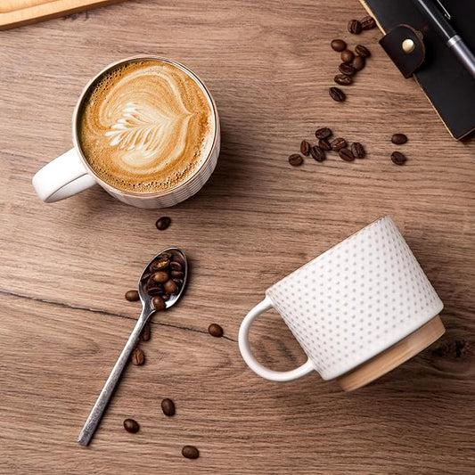 GBhome 15OZ Stackable Coffee Mugs, Ceramic Coffee Mugs with Texture Patterns for Man,Woman,Dad,Mom, Modern Coffee Mugs Set of 4 for Latte/Cappuccino/Cocoa. Dishwasher&Microwave Safe, Off White | for Man, Woman, Dad, Mom