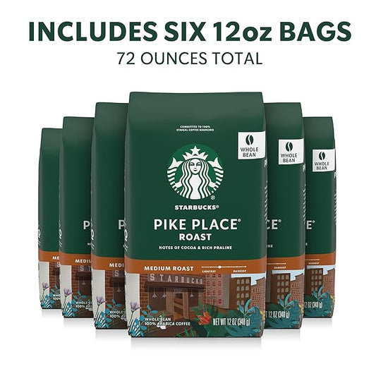 Starbucks Whole Coffee Beans, Medium Roast Hot or Iced Coffee, Pike Place Roast, Six 12 oz Bags