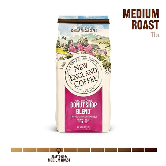 New England Coffee Donut Shop Blend Medium Roast Ground Coffee, 18oz Bag (Pack of 4)