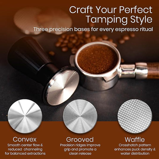 Calibrated Espresso Tamper with 30lb Click Feedback – 3 Interchangeable Bases for Custom Tamping (Convex, Grooved, Waffle) – Ergonomic Handle – Fits 54mm Breville-Compatible Portafilters