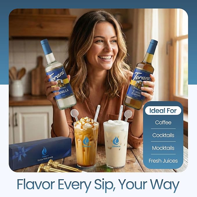 Jimoco Barista Set – Torani Sugar Free Vanilla & Caramel Classic Syrups (25.4 oz Each) with 2 Jimoco Syrup Pumps, Reusable Cups, Straws & Stirrers – Coffee, Italian Soda & Cocktail Flavoring Kit