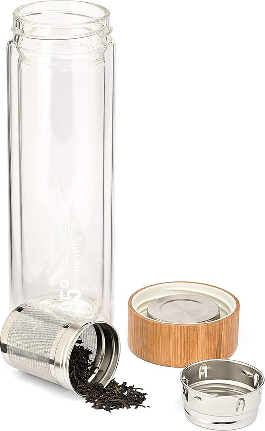 95° Double-Wall Glass Tea Bottle with Removable Stainless Steel Infuser - BPA and BPS Free, Insulated and Leakproof Travel Tumbler for Loose Leaf Tea, Coffee, Fruit - Eco-Friendly (15oz/450ml)