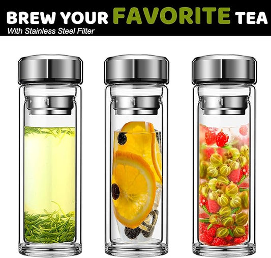 Tea Tumbler with Infuser, 12oz Double Wall Borosilicate Glass Tea Bottle, 350ml Leak-Proof with Stainless Steel Filter