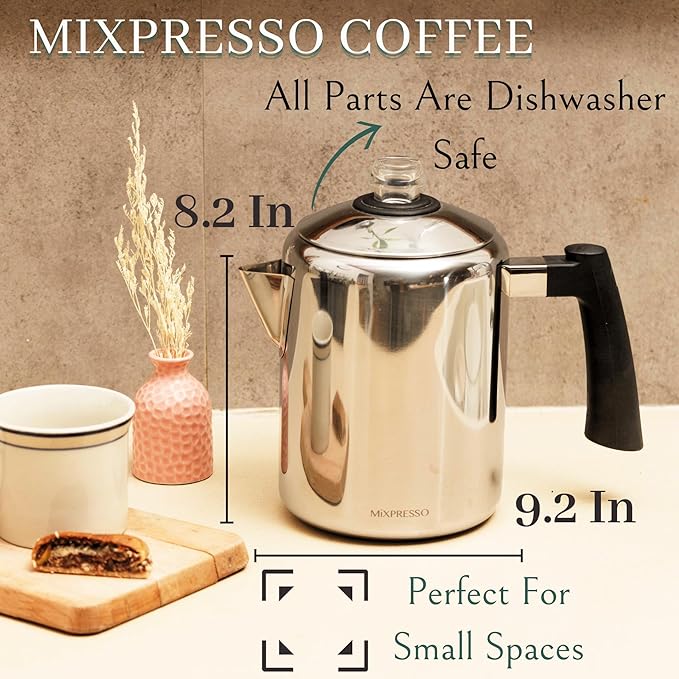 Mixpresso Stainless Steel Coffee Percolator Stovetop, 37oz Classic Percolator Coffee Pot, Great For Camping Pot, 5-8 Cup Stove Top Espresso Maker, Cool-Touch Handle