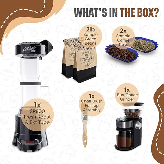 Fresh Roast Coffee Roaster Bundle SR800, Glass Extension Tube, Burr Grinder, (2 Lbs) Sample Pack of Green Beans, (2- pack) Sample trays