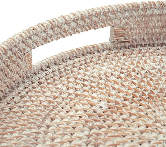 14" Round Rattan Tray, Hand Woven Serving Tray with Handles, Wicker Serving Basket, Decorative Tray for Home Decor, Whitewash