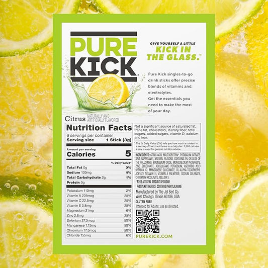 PURE KICK Hydration Singles To Go Drink Mix, Citrus, Includes 12 Boxes with 6 Packets in each Box, 72 Total Packets