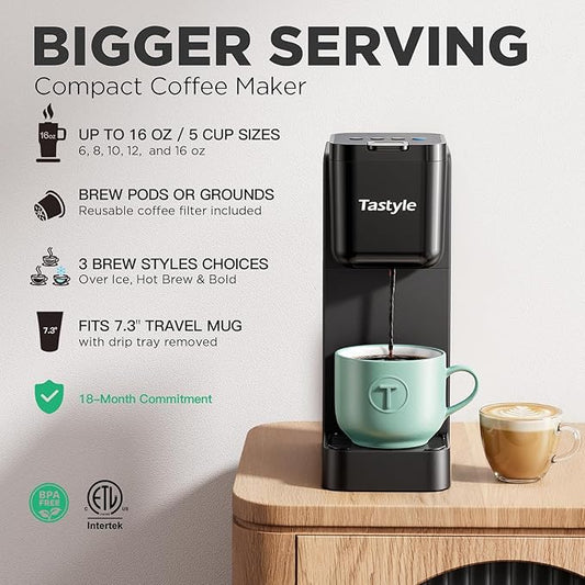 Single Serve Coffee Maker Hot and Iced with Bold Brew, Small Coffee Machine for K Cup and Ground, Fits 7.3'' Travel Mug, Brews up to 16 Oz, 5 Cup Sizes, for Office, RV& Hotel, Elegant Black