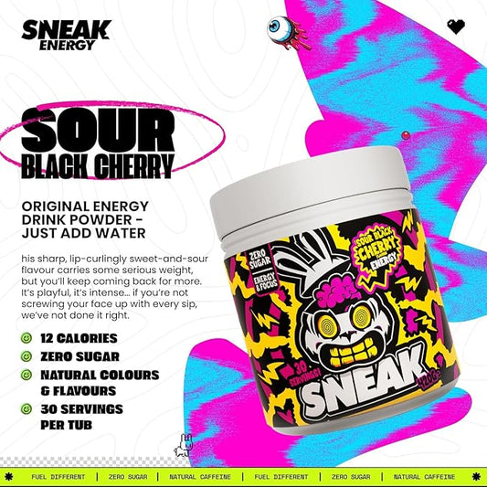 SNEAK Energy Drink Powder | Super Sour Cherry | No Sugar. No Nasties. Just Natural Caffeine, Focus-Boosting Nootropics | 30 Servings