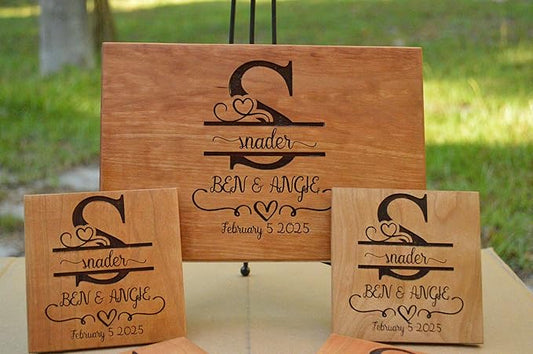Personalized Wooden Coasters with Monogram, Wedding Date Engraved, Family Name- Choice of Wood (Wedding Couple)