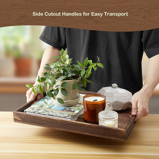 17 Inch Burnt Wood Serving Tray with Handles, Large Wooden Decorative Tray for Ottoman, Breakfast in Bed, Coffee Table, Dinner, Rectangular Tray for Living Room Bedroom Entryway and Kitchen