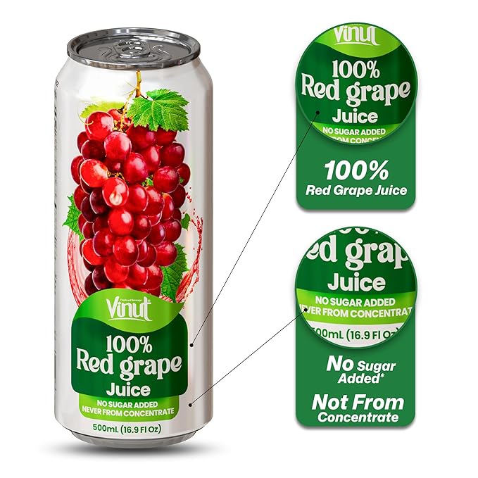 VINUT 100% Red Grape Juice, No Added Sugar, Not From Concentrate, 16.9 fl oz (500 mL) Can, Pack of 12